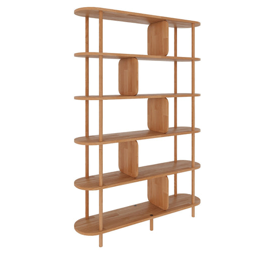 Angled shot of the Malibu Open Bookcase, highlighting its durable solid beech wood construction and natural grain finish.