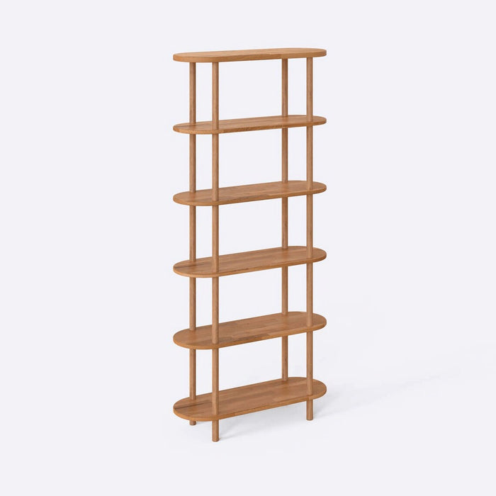 Side view of the tall narrow bookcase, highlighting the sleek, space-saving profile ideal for compact spaces.