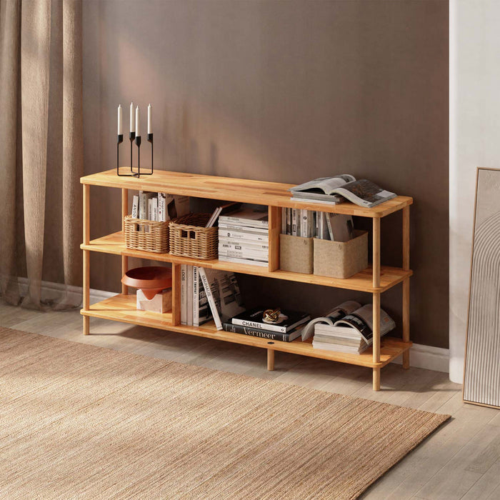 A compact and elegant solid wood 3 shelf bookcase with a minimalist design, showcasing its natural beech wood finish.