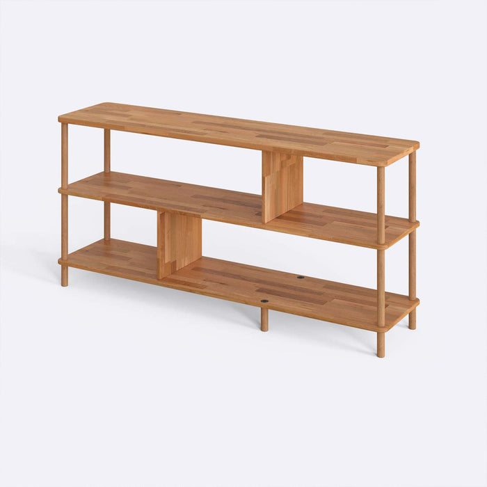 A side perspective highlighting the short and sturdy design of this solid wood bookcase, perfect for small spaces.
