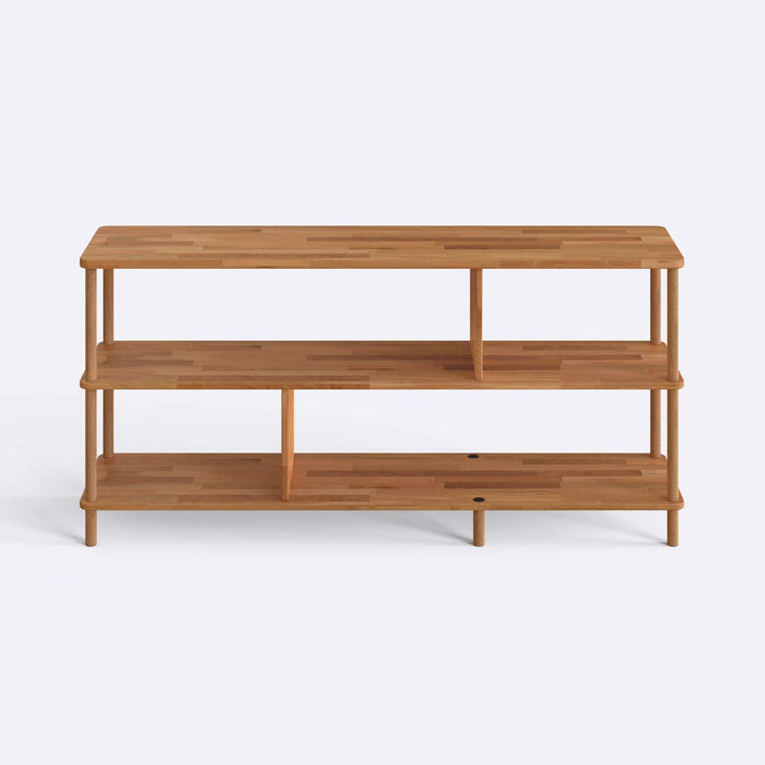 A detailed view of the smooth beech wood surface and spacious shelves, ideal for books and décor.