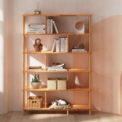Front view of the Manhattan Solid Wood Bookcase – A sleek modern bookcase made of solid wood, showcasing a minimalist design with multiple shelves for storage and display.