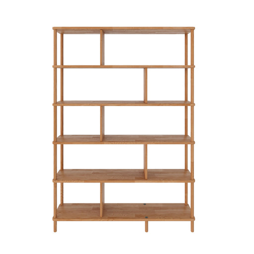 Angled view of the Manhattan Solid Wood Bookcase – A modern bookcase crafted from solid wood, highlighting its smooth finish and contemporary design from a side perspective.