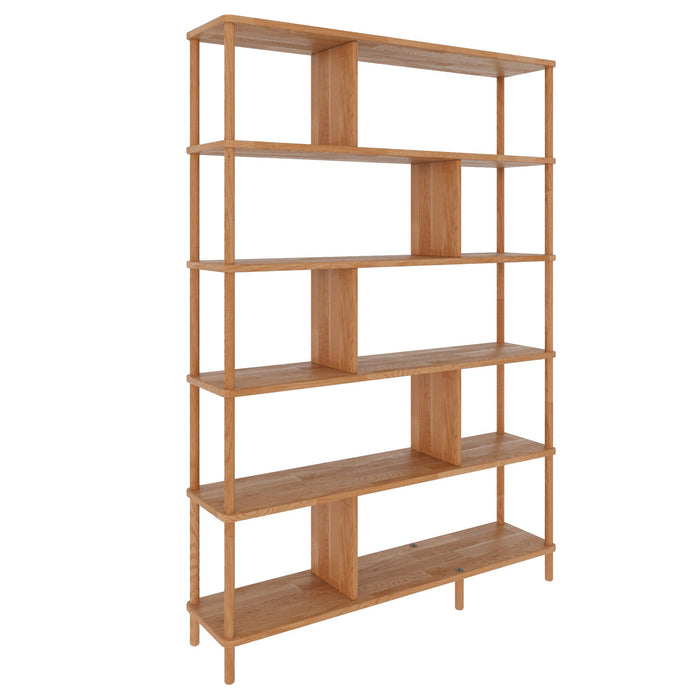 Close-up of the shelf details on the Manhattan Solid Wood Bookcase – A detailed view of the solid wood craftsmanship, emphasizing the clean lines and durability of this modern bookcase.