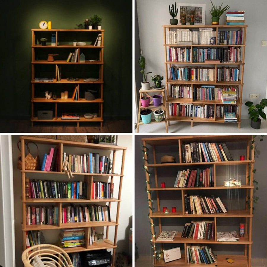 Manhattan Solid Wood Bookcase styled in a home office – A modern bookcase filled with books and office supplies, blending functionality with solid wood elegance.