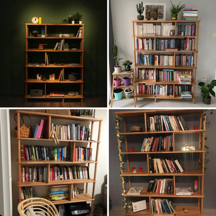 Manhattan Solid Wood Bookcase styled in a home office – A modern bookcase filled with books and office supplies, blending functionality with solid wood elegance.