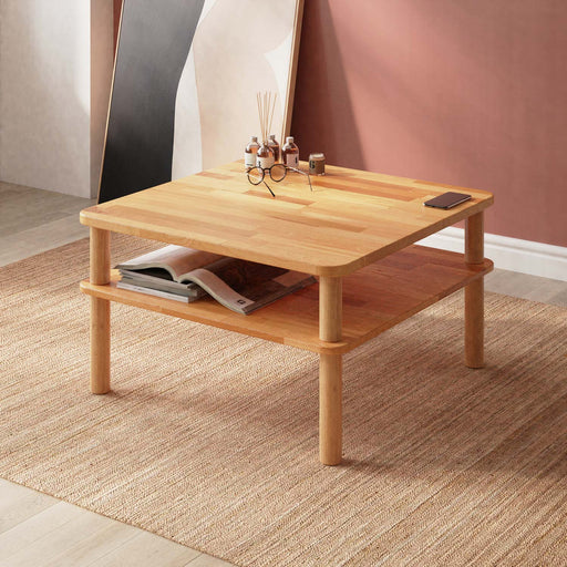 View of the Manhattan Modern Coffee Table With Storage with a sleek beech wood finish and integrated storage beneath the surface.