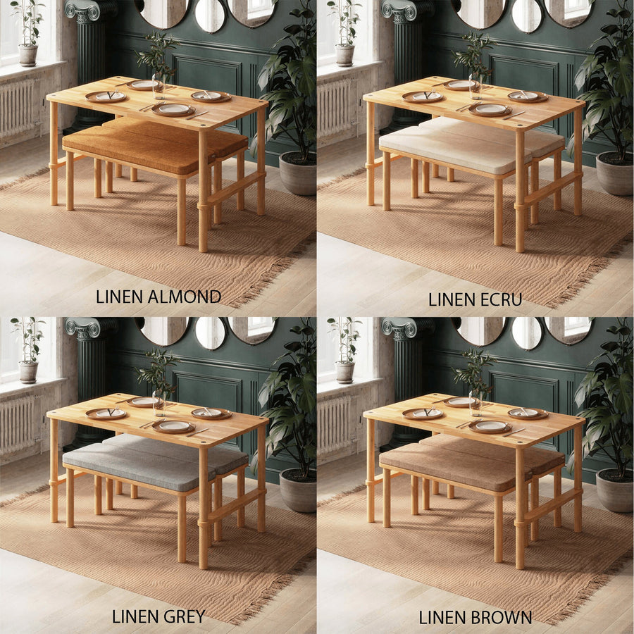 Linen color finish samples for the Pasific dining table set with bench, including almond, ecru, and grey shades.