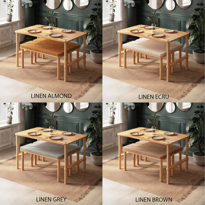 Linen color finish samples for the Pasific dining table set with bench, including almond, ecru, and grey shades.