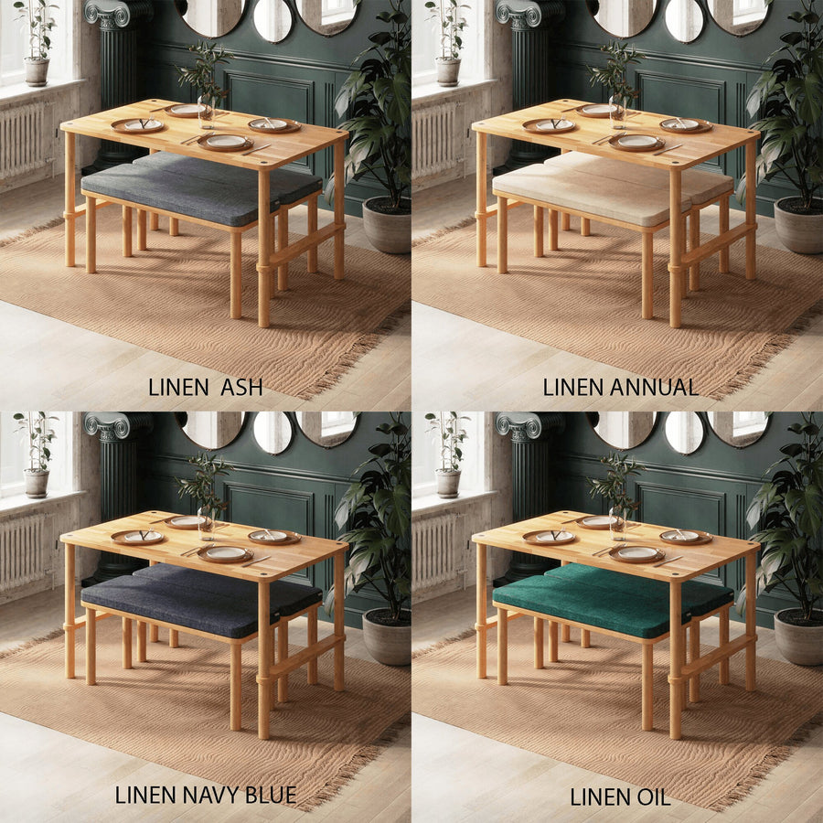 Various linen color finishes for the Pasific dining table set with bench, featuring brown, ash, annual, and navy blue options.