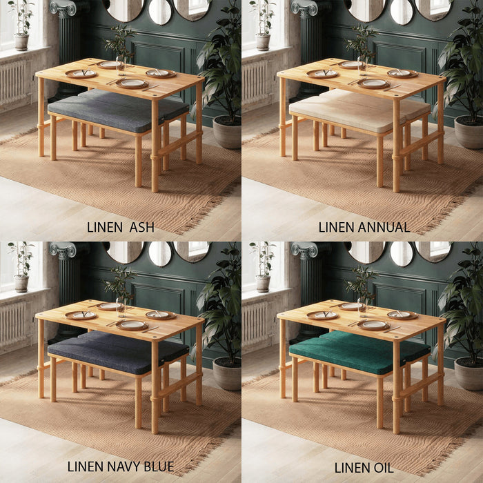 Various linen color finishes for the Pasific dining table set with bench, featuring brown, ash, annual, and navy blue options.