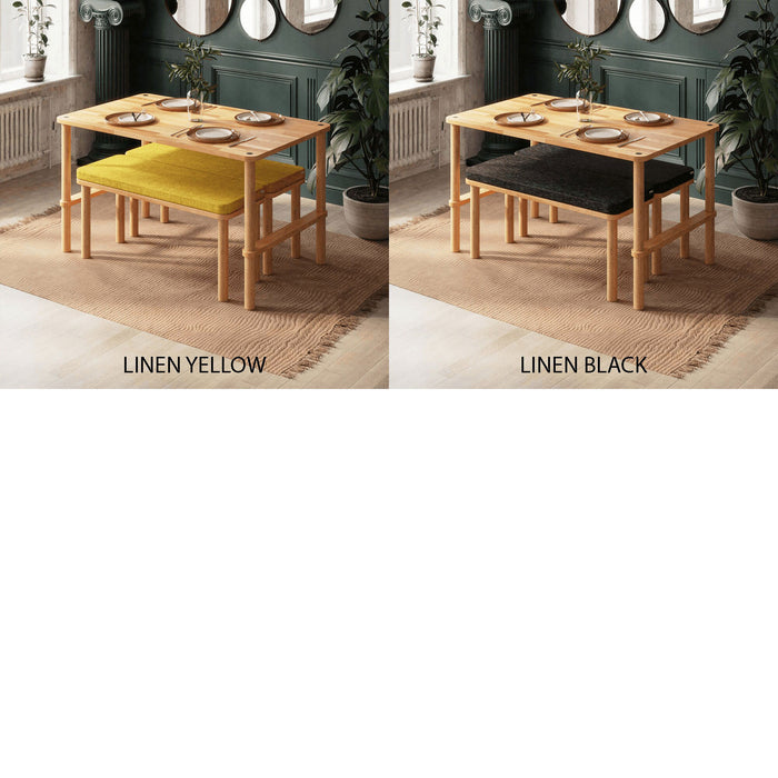 Additional linen color finishes for the Pasific dining table set with bench, including oil yellow and black.