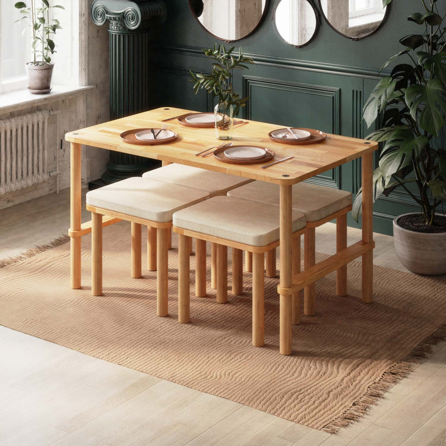 A modern rectangular dining table set wood with a minimalist design, paired with four matching benches. The wood grain is visible, showcasing a sleek, natural aesthetic perfect for modern dining rooms.