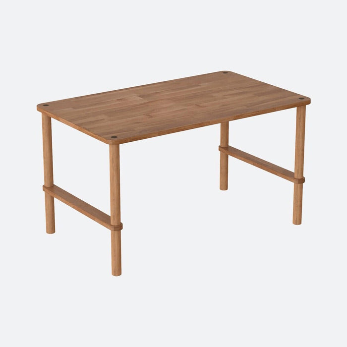 Detail of the dining benches, with cushioned linen seat covers in neutral tones that complement the wood's warm tones.