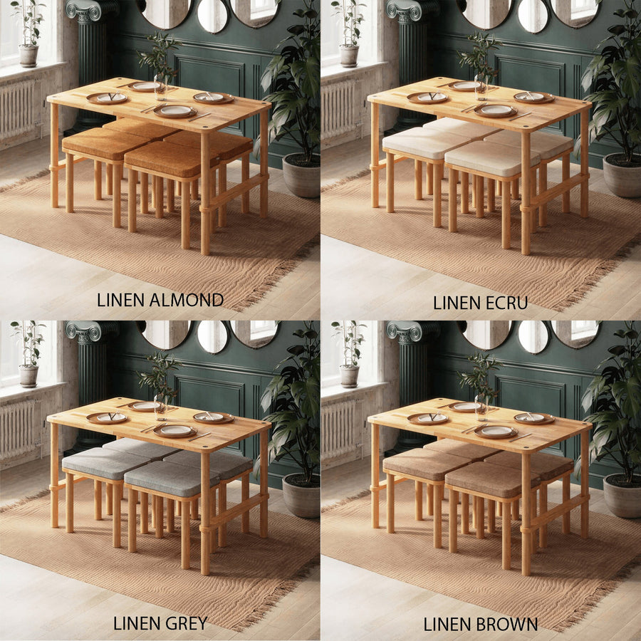 Linen seat covers in various shades: Linen Almond, Ecru, Grey, and Brown, adding a touch of elegance and comfort to the benches.