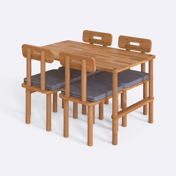 Close-up view of the table's wood surface, showcasing the natural texture and smooth finish, perfect for modern dining rooms.