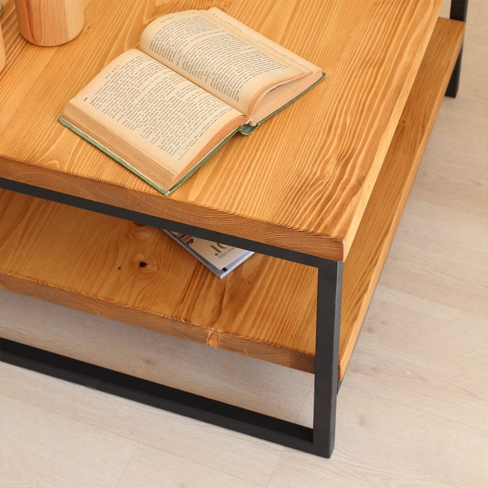 Corner detail of the Pine Wood Square Coffee Table, showcasing its precise craftsmanship and durable build.