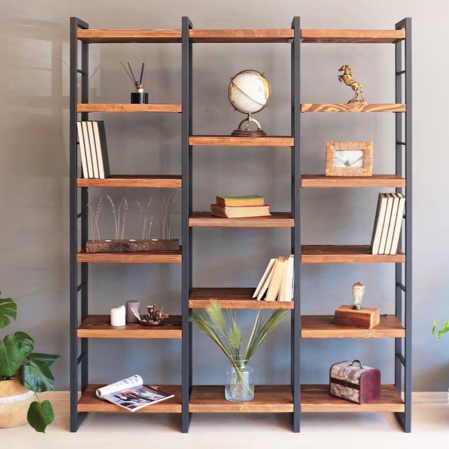 Front view of the Portland Pine Room Divider Bookcase showcasing its solid wood shelves and sleek metal legs. Perfect for organizing and dividing spaces.