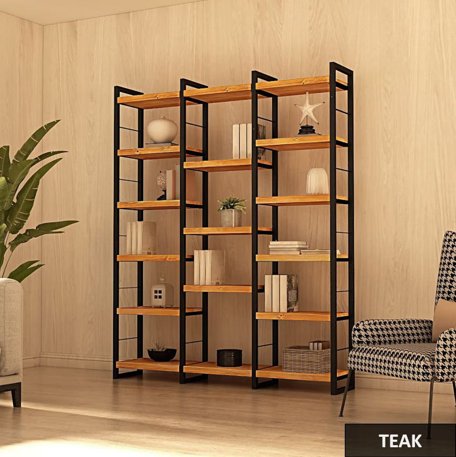Metal legs of the Portland Pine Room Divider Bookcase, emphasizing its sturdy and industrial-inspired design.