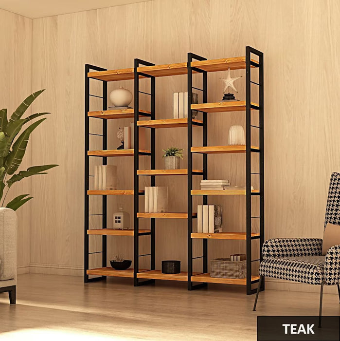 Metal legs of the Portland Pine Room Divider Bookcase, emphasizing its sturdy and industrial-inspired design.