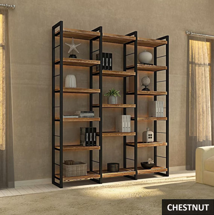 Portland Pine Room Divider Bookcase used as a partition in an open-concept living room, adding both style and function.