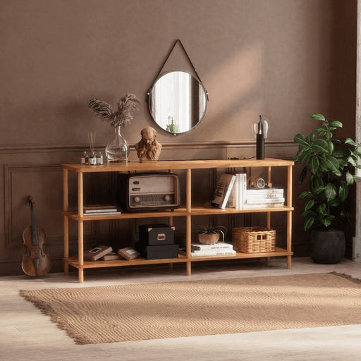 Side view of the Queens Natural Wood Bookshelf, showcasing its wide, low profile and clean design with natural wood finish.