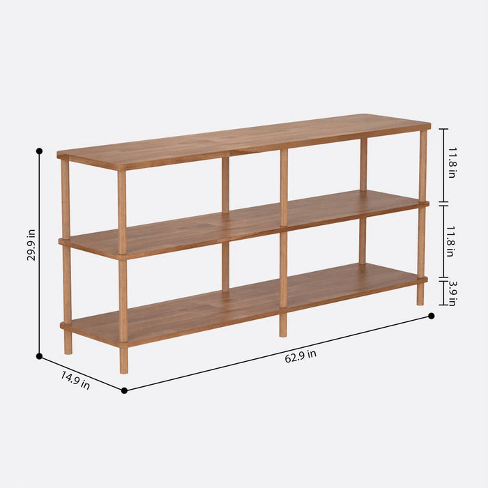 Queens Natural Wood Bookshelf in a modern living room, with books and decorative items displayed on the shelves.