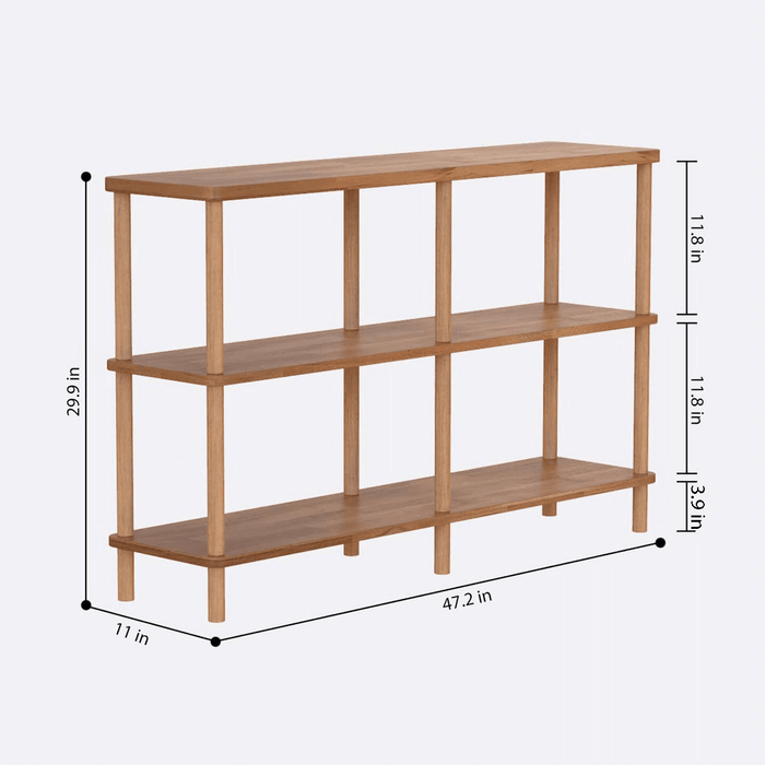 Angle shot of the Queens bookshelf, emphasizing its sturdy construction and versatile storage potential for any space.