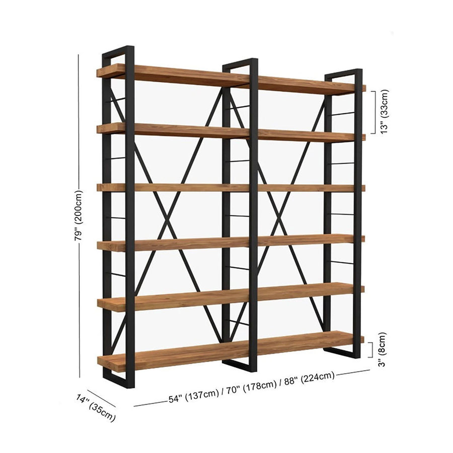 Detail of the wood grain on the Renton Industrial Bookcase, emphasizing the unique texture of the solid wood shelves
