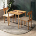 Minimalist Soho 2 person dining table set with square solid wood design and linen yellow chairs, perfect for small dining spaces.