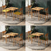 Chic Soho dining table set for 2 with square wooden table and linen brown upholstered chairs.