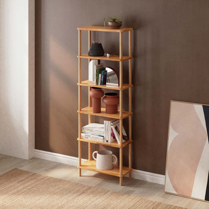 Angled view of the Soho 6 Shelf Bookcase, highlighting its sturdy frame and elegant six-tier shelving.