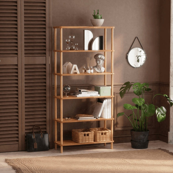 Detailed view of the spacious shelves, perfect for displaying books and home accents.