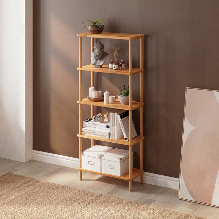 Close-up view of the Soho 5-shelf bookcase highlighting the natural wood grain and smooth finish.