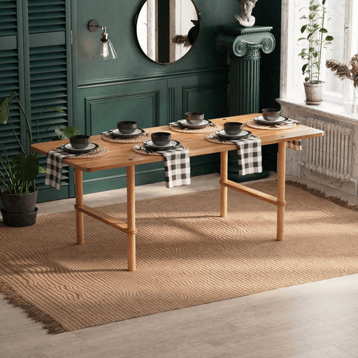 Soho modern dining table set for 6 in beech wood with a minimalist design, featuring clean lines and a sleek finish.