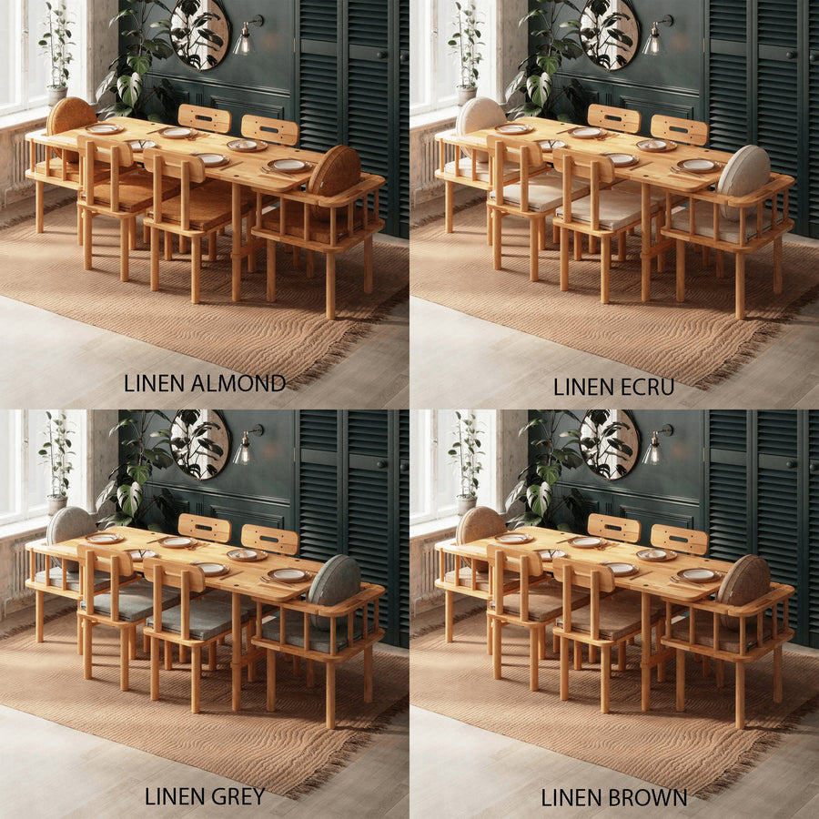 Customizable color finishes options for the rectangular dining table and chairs, showcasing linen almond, linen ecru, and linen grey.