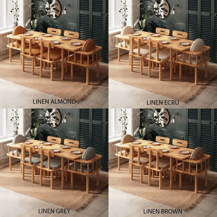 Customizable color finishes options for the rectangular dining table and chairs, showcasing linen almond, linen ecru, and linen grey.