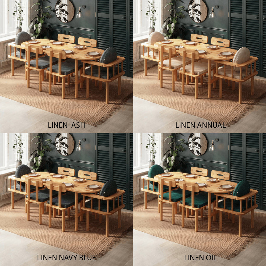 A closer look at the customizable finishes for the dining set, including linen brown, linen ash, and linen navy blue.