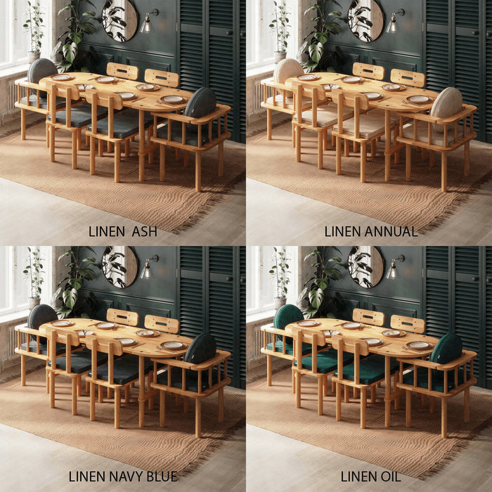 A closer look at the customizable finishes for the dining set, including linen brown, linen ash, and linen navy blue.