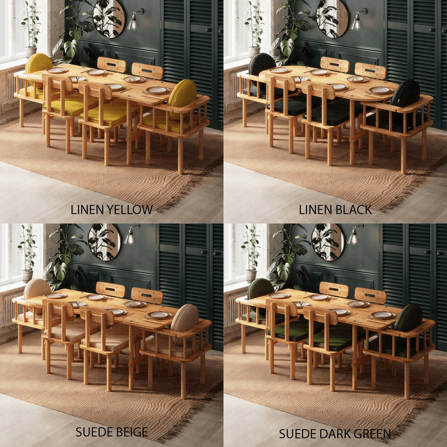 A variety of customizable color finishes for the dining set, featuring linen oil, linen yellow, and linen black for personalized style.