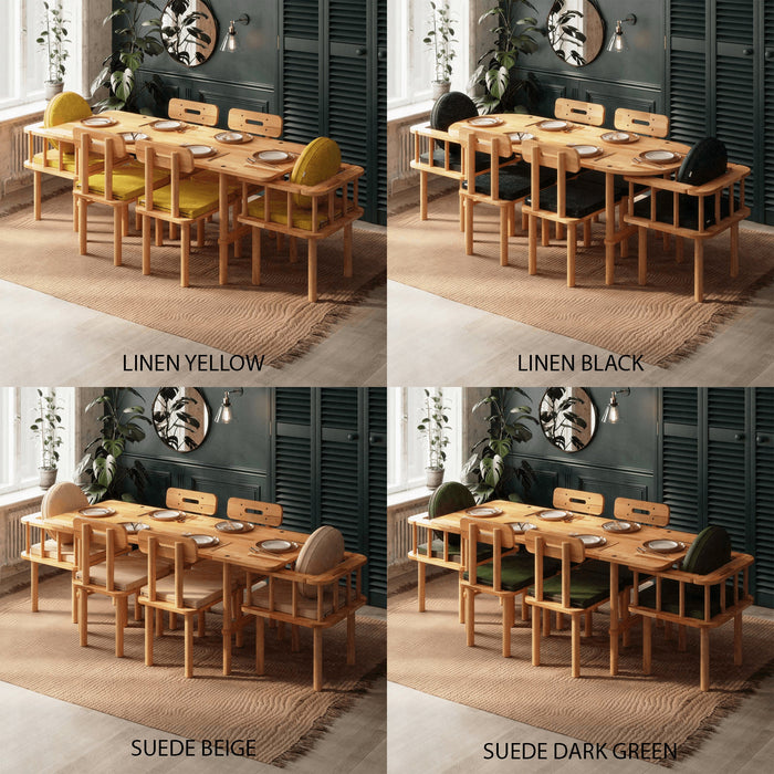A variety of customizable color finishes for the dining set, featuring linen oil, linen yellow, and linen black for personalized style.