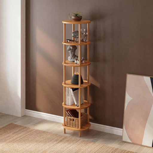Close-up view of the Soho Round Bookcase, featuring solid beech wood construction and sleek narrow shelves.
