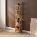 Close-up view of the Soho Round Bookcase, featuring solid beech wood construction and sleek narrow shelves.