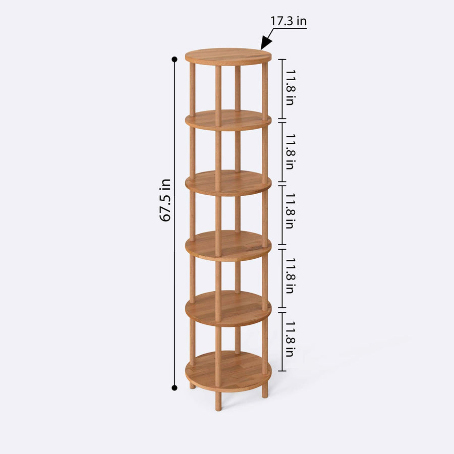 Side view of the round bookcase, highlighting the natural grain of the beech wood and its minimalist style.