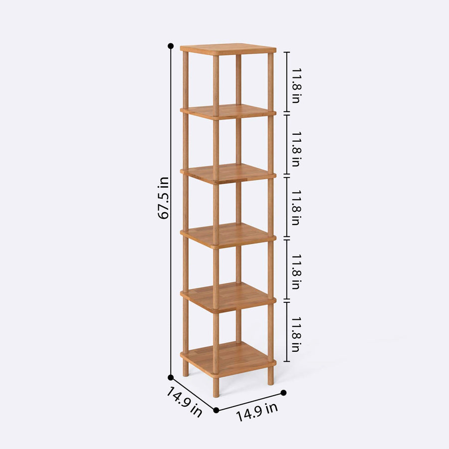 Side angle of the tall skinny bookcase, perfect for small spaces, displaying its slim profile and balanced design.