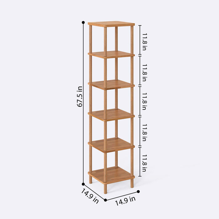 Side angle of the tall skinny bookcase, perfect for small spaces, displaying its slim profile and balanced design.