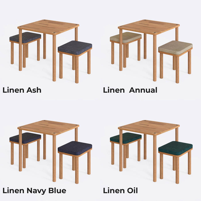 A selection of color finishes for the Soho dining set, including linen almond, linen ecru, linen grey, and more, offering various tones for customization.