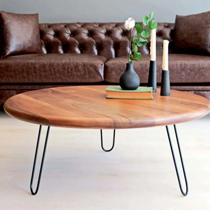 Top-down view of the Walnut Wood Round Coffee Table – Smooth walnut wood tabletop with beautiful natural grain, highlighting its modern round design.