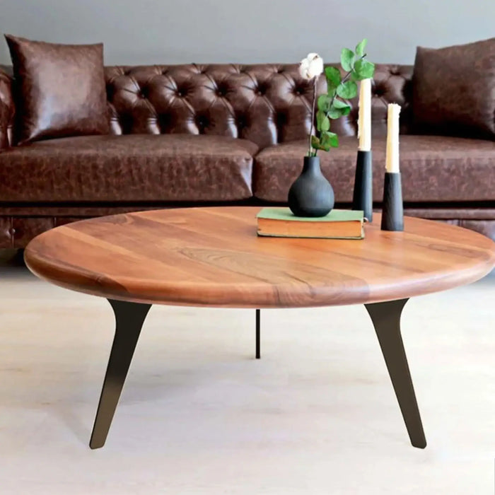 Walnut Wood Coffee Table with metal legs, shown from a different perspective – A wider shot emphasizing the table's balanced proportions and sturdy construction.