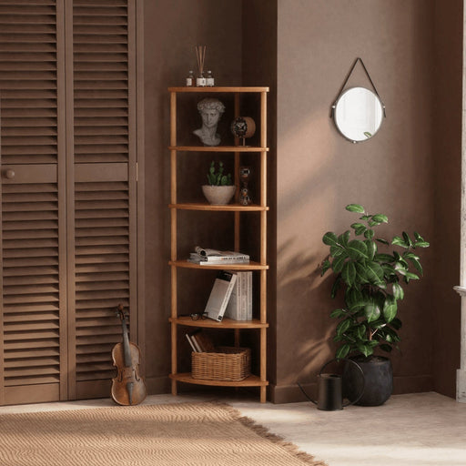 A sleek, modern wooden corner bookcase featuring six open shelves, perfect for organizing books and decorative items.